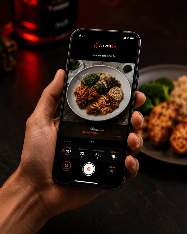 Mão segurando celular escaneando um prato de comida no app FitVision
